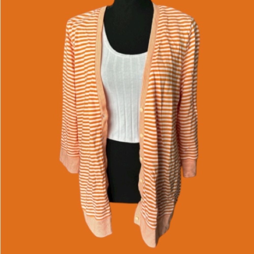 🧡 LANDS’ END! GORGEOUS TANGERINE & WHITE STRIPED NAUTICAL CARDIE SWEATER! 🧡